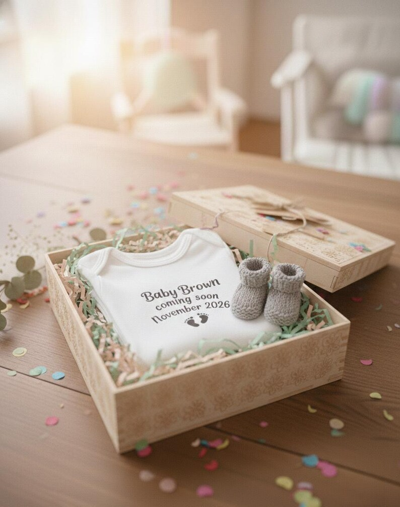 Pregnancy announcement bodysuit gift presentation
