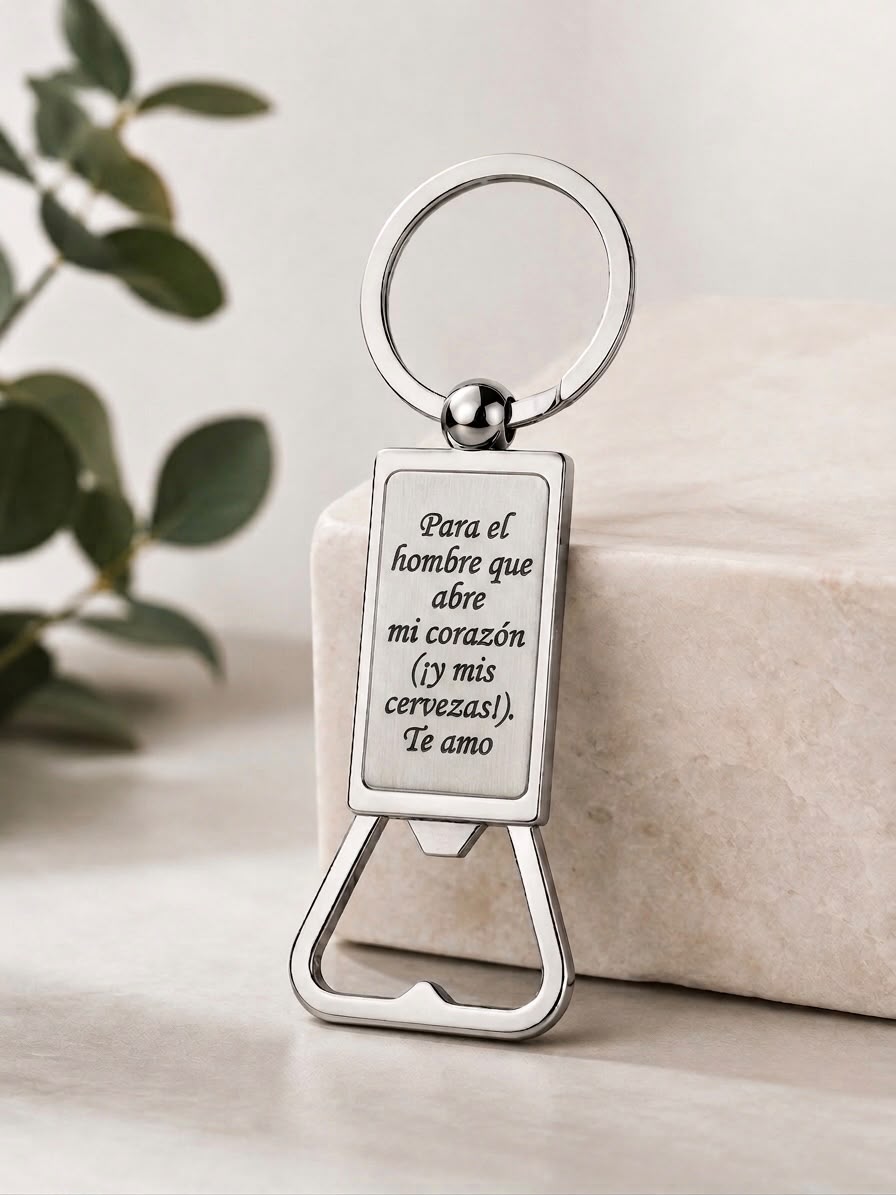 Personalized metal bottle opener keychain with engraved message